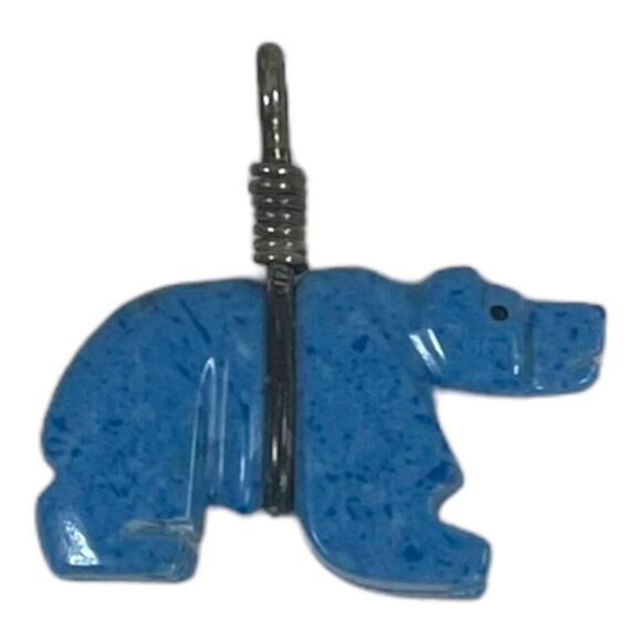 Vintage Fetish Turquoise Blue Bear Pendant 1.5" Sterling Silver Large Statement - Picture 1 of 4